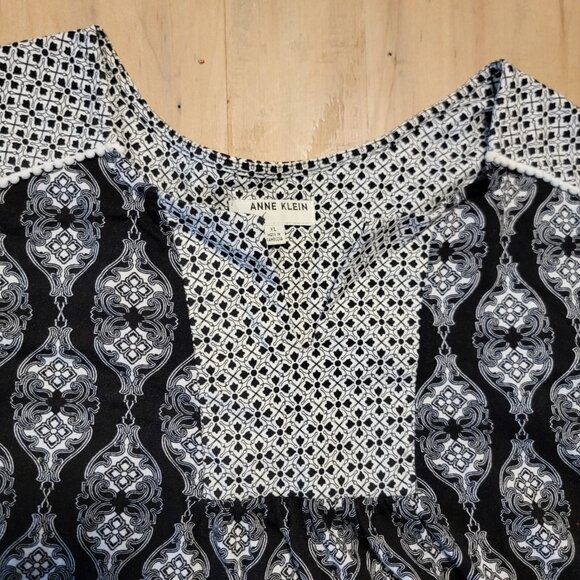 Vintage Anne Klein Polyester Black White Patterned Top 3/4 Sleeve Est Sz L - Picture 2 of 8